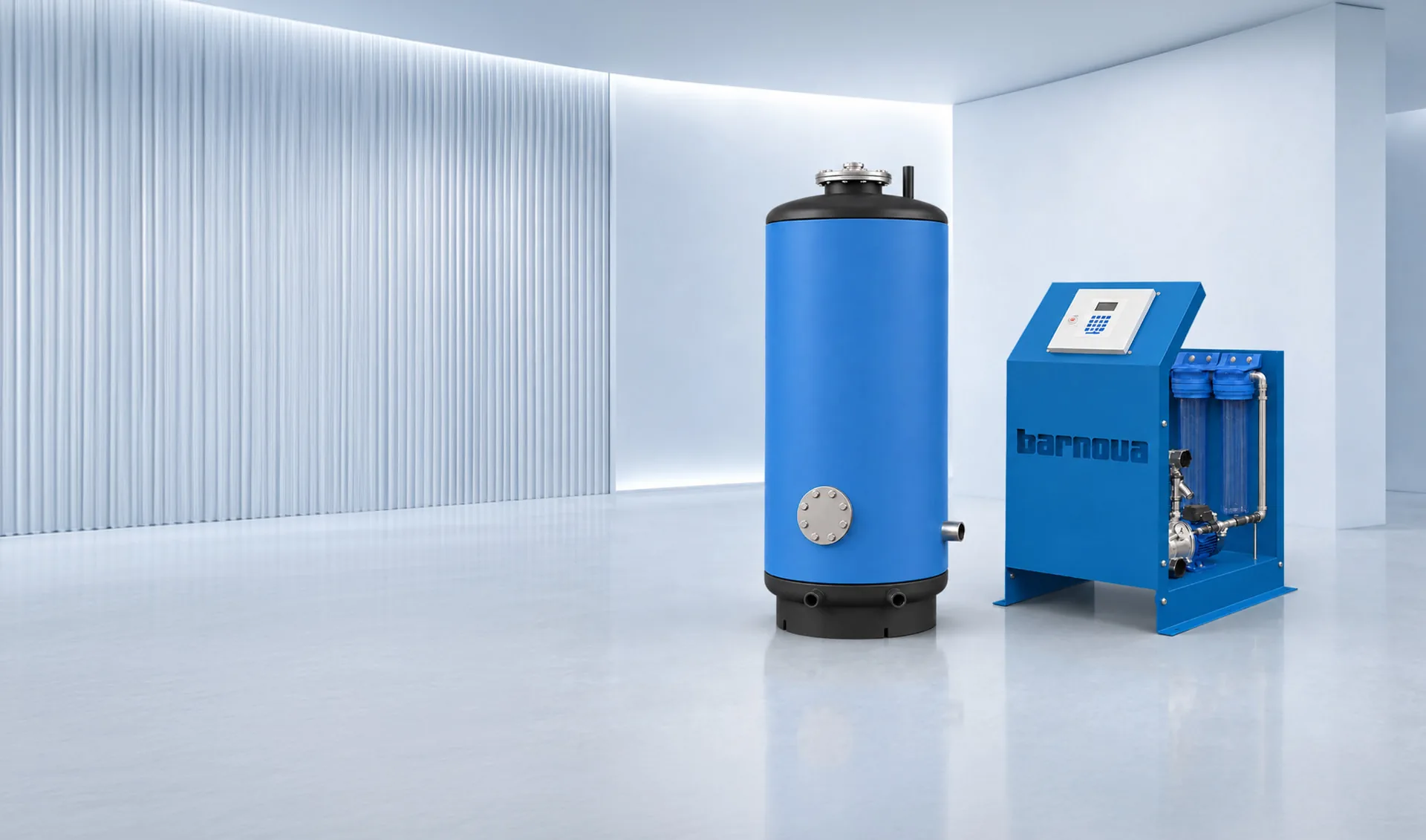 Blaue Barnova Druckhaltestation mit Behälter und Aufbereitungsmodul